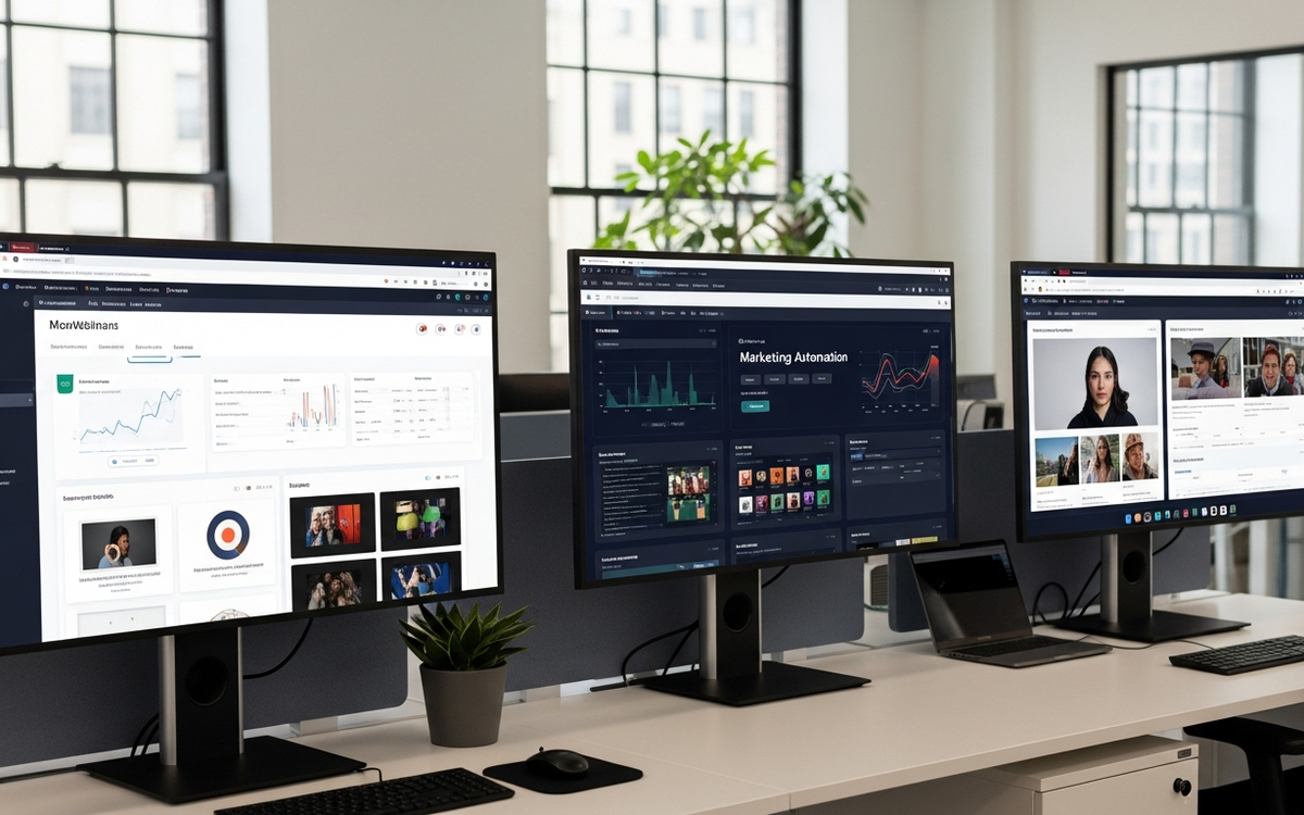 Büro mit Bildschirmen, die Marketing-Automatisierung zeigen
