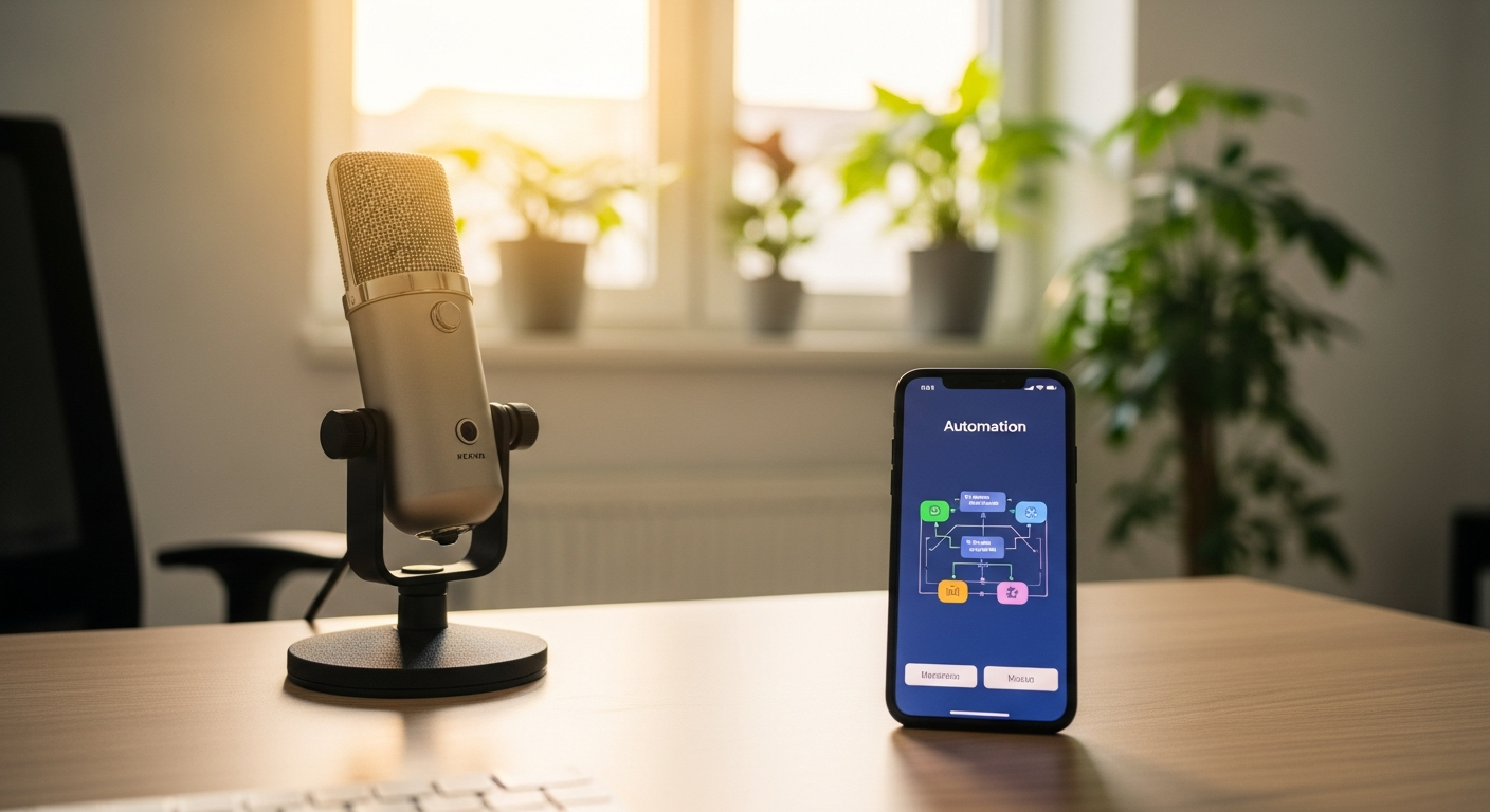 Ein moderner, sonnendurchfluteter Schreibtisch mit Mikrofon und Smartphone zur Darstellung von B2B-Marketing-Automatisie