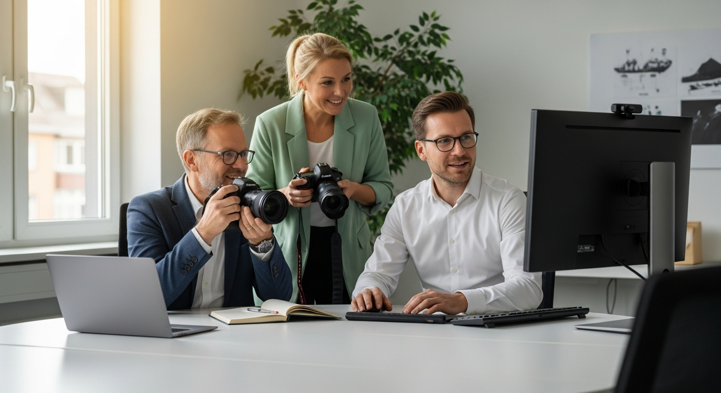 Fotograf und Marketing-Manager arbeiten an visueller B2B-Kampagne