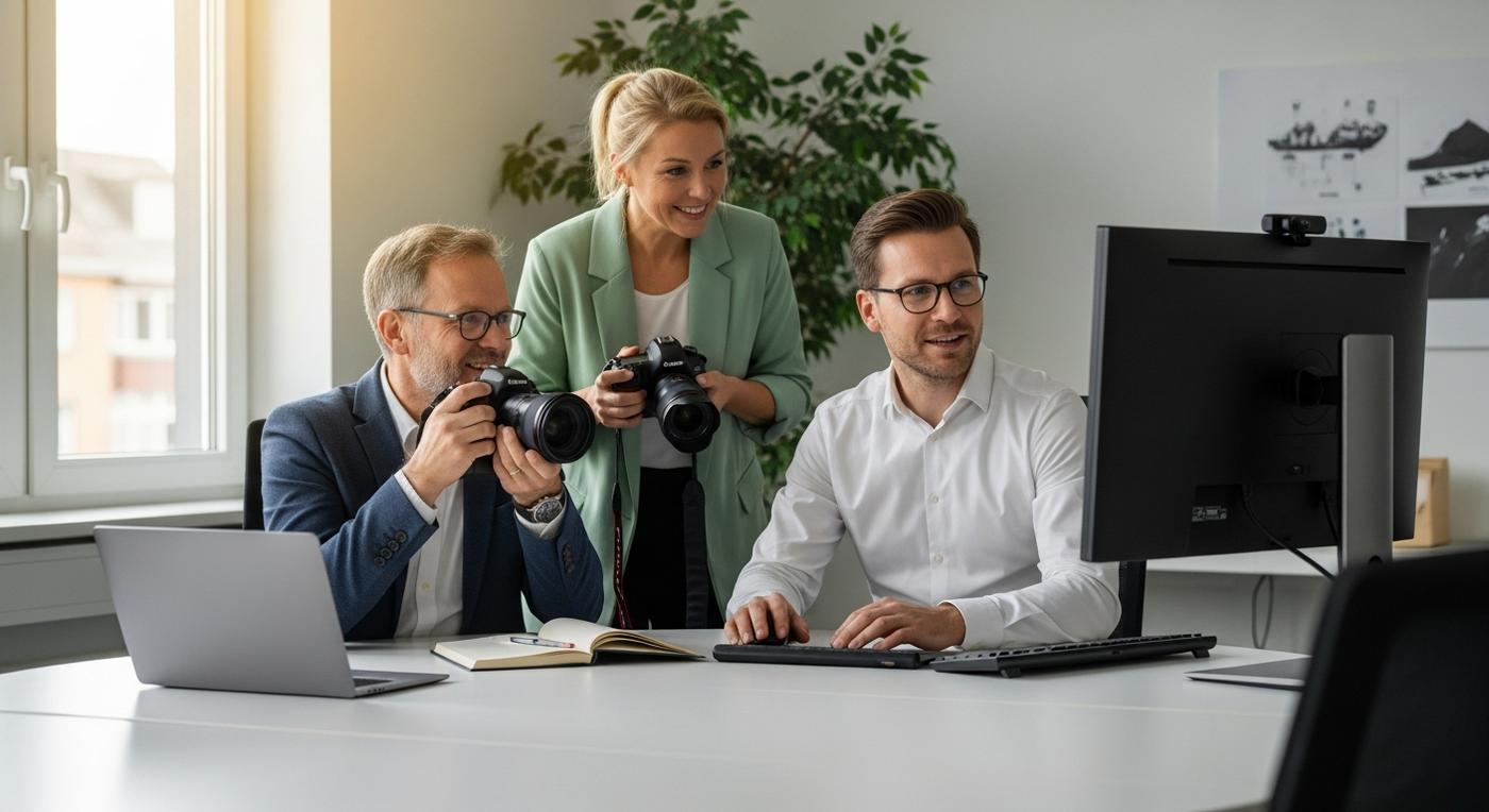 Fotograf und Marketing-Manager arbeiten an visueller B2B-Kampagne