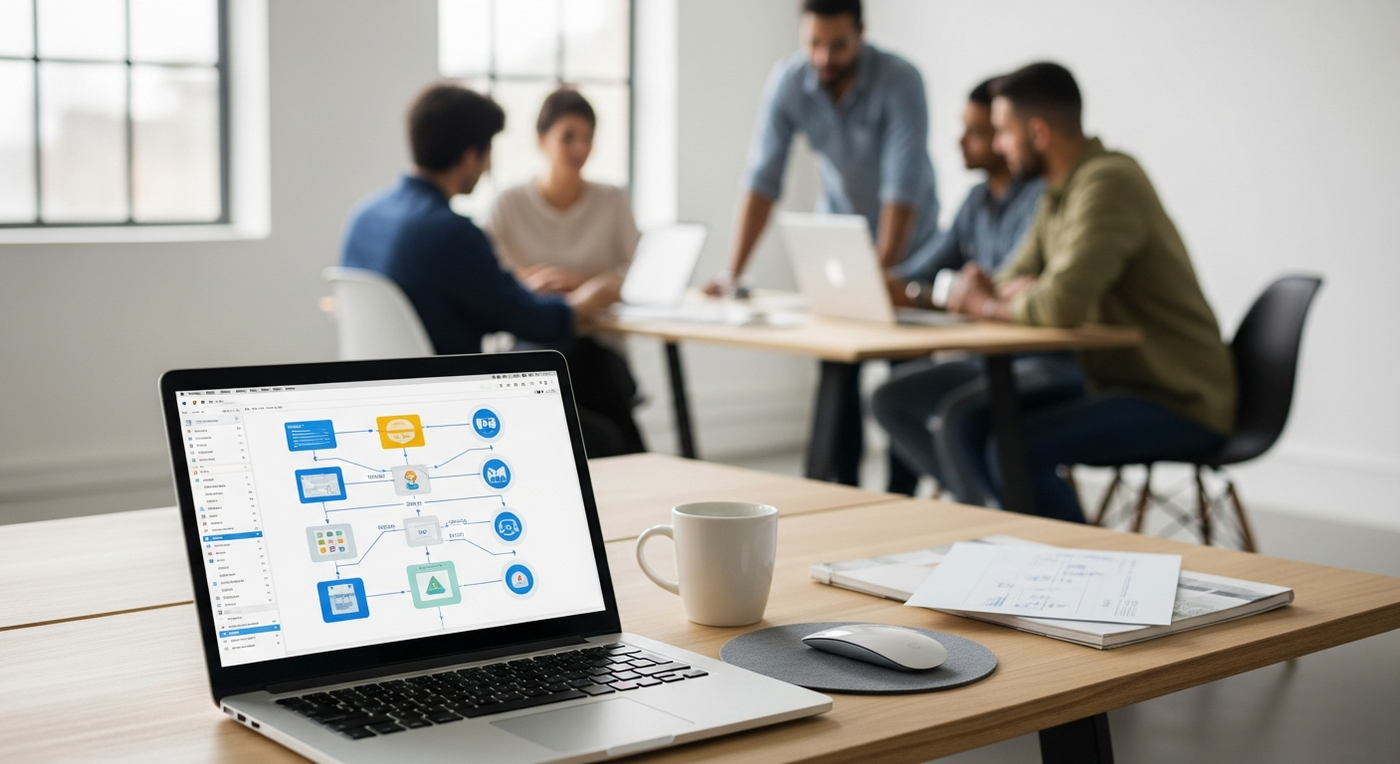 Büro mit Laptop und Workflow-Grafik, Team arbeitet kreativ