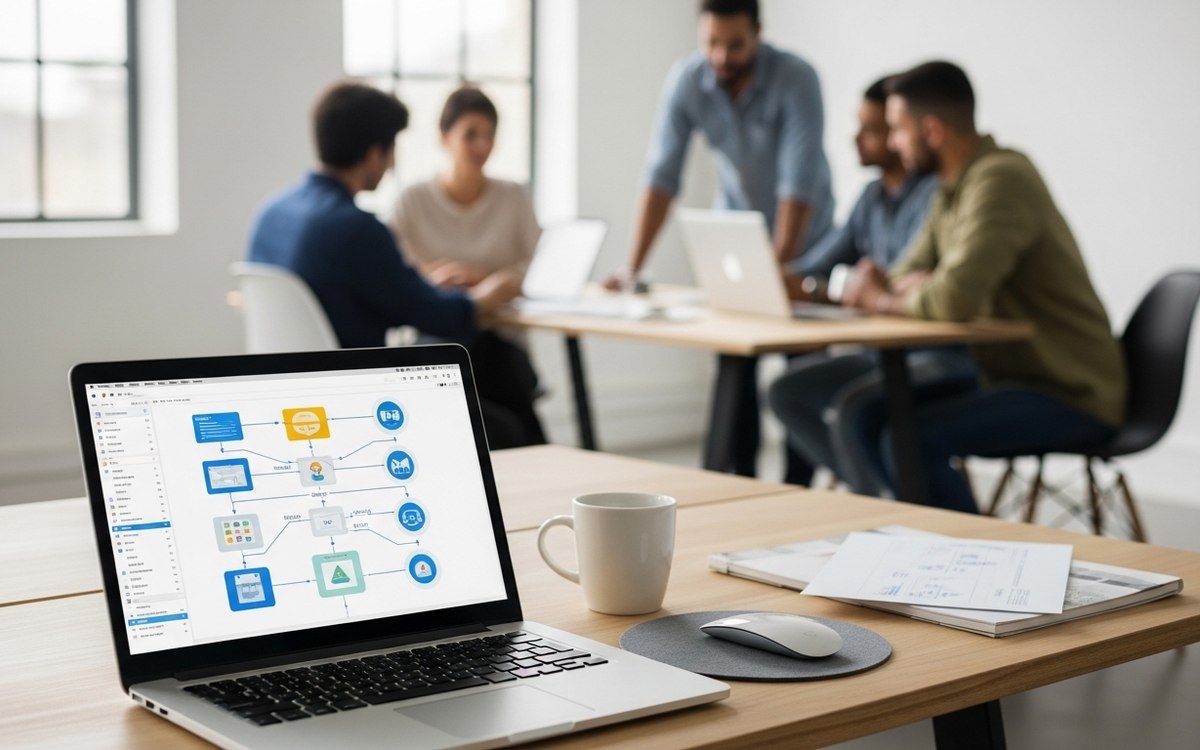 Büro mit Laptop und Workflow-Grafik, Team arbeitet kreativ