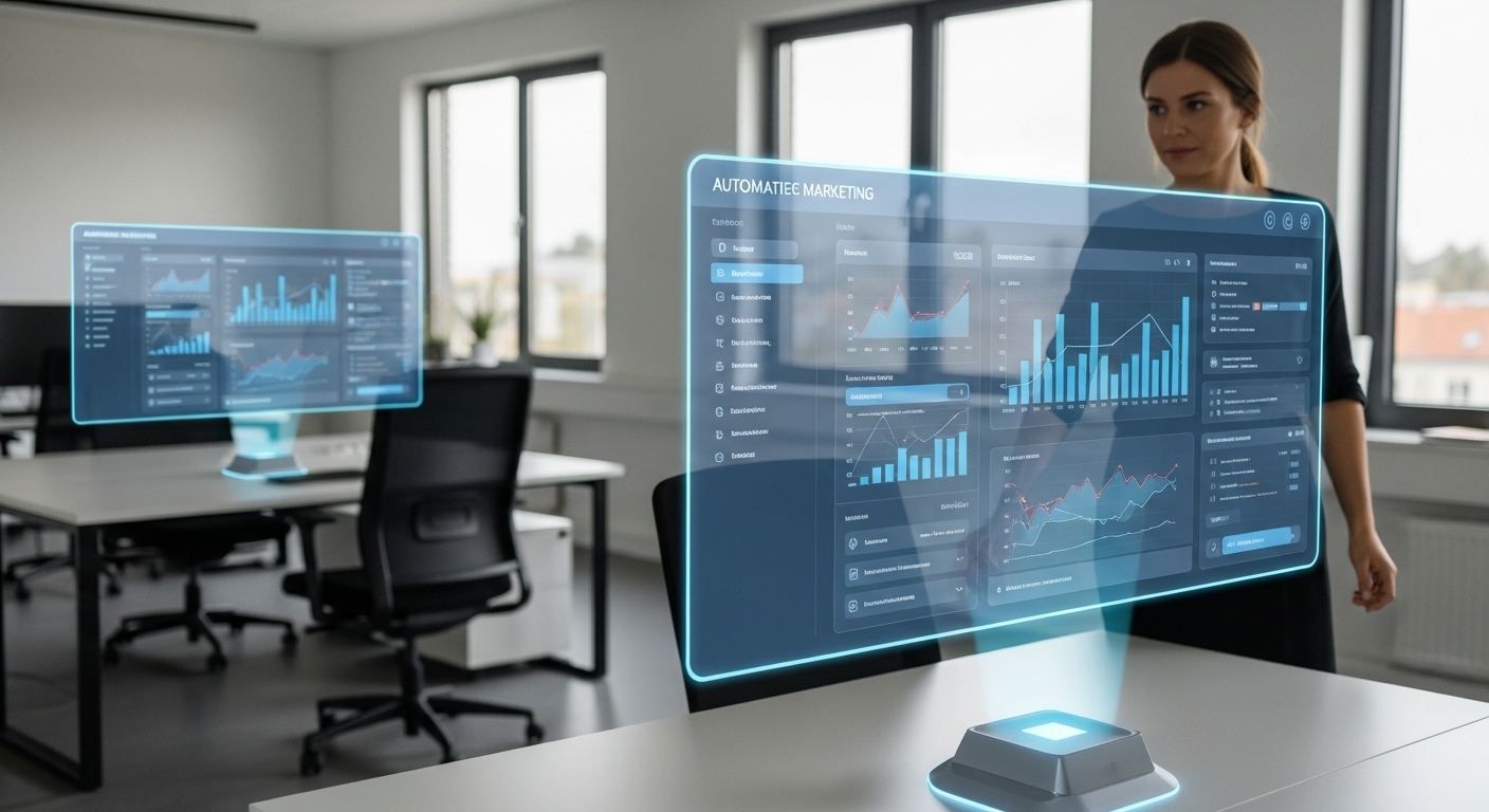 Futuristisches Büro mit Marketing-Automatisierungs-Dashboards
