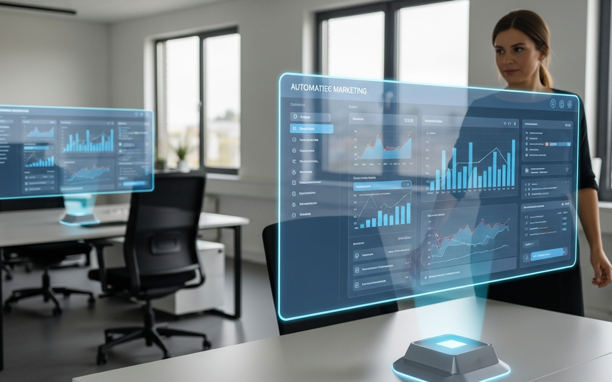 Futuristisches Büro mit Marketing-Automatisierungs-Dashboards