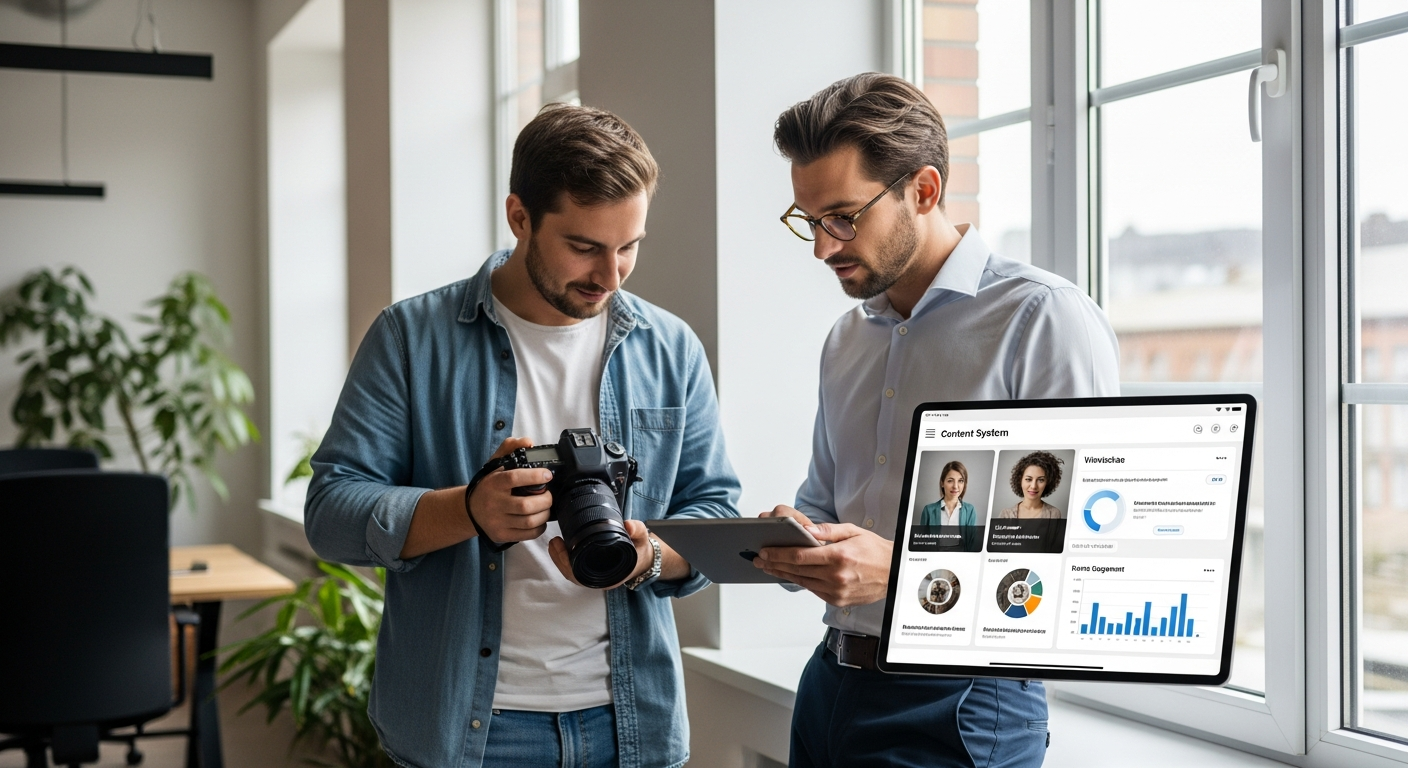 Fotograf und Marketing-Manager arbeiten an Content-System