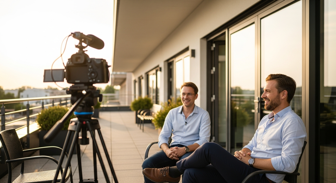 Professioneller Videodreh einer B2B Video-Case-Study auf einer sonnigen Terrasse im Sommer 2026