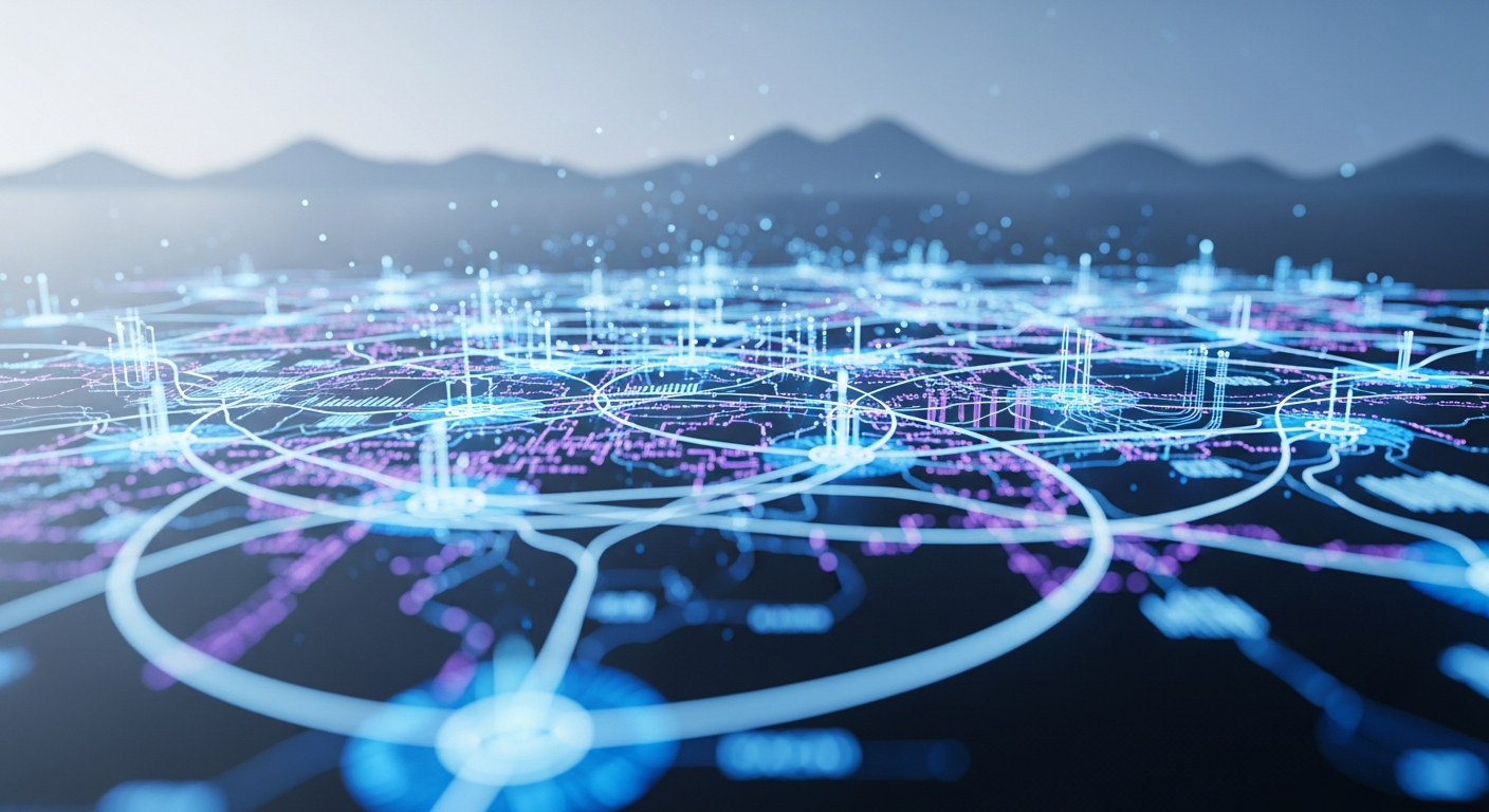 Abstraktes Netzwerk aus Datenströmen und Algorithmen für B2B Marketing Automatisierung