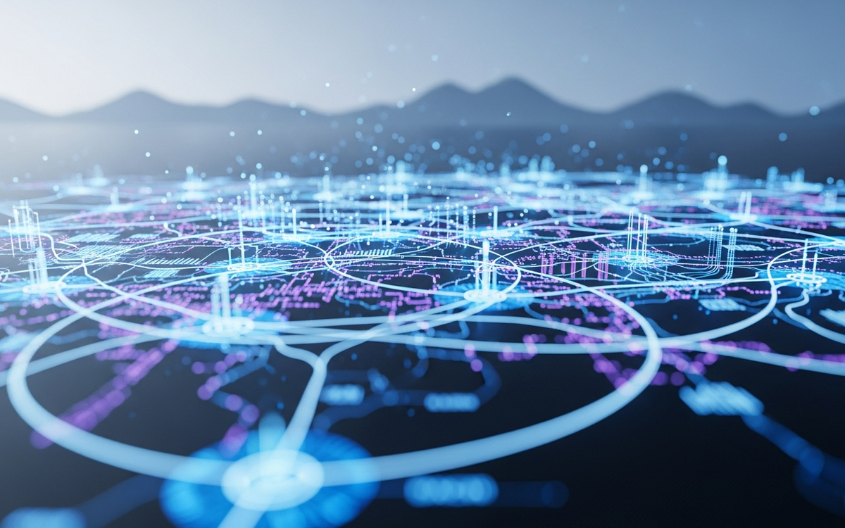 Abstraktes Netzwerk aus Datenströmen und Algorithmen für B2B Marketing Automatisierung