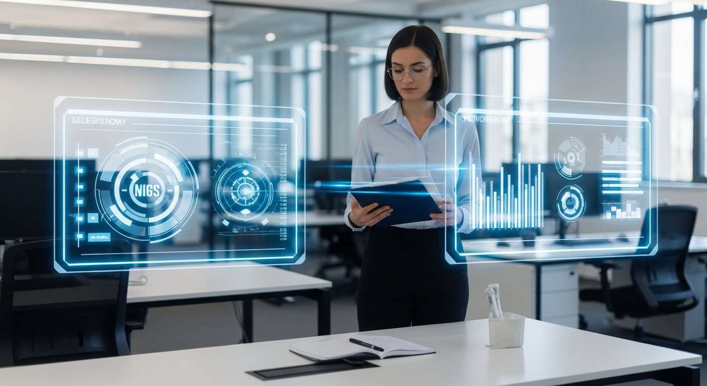 Futuristisches Büro mit Hologramm-Workflows