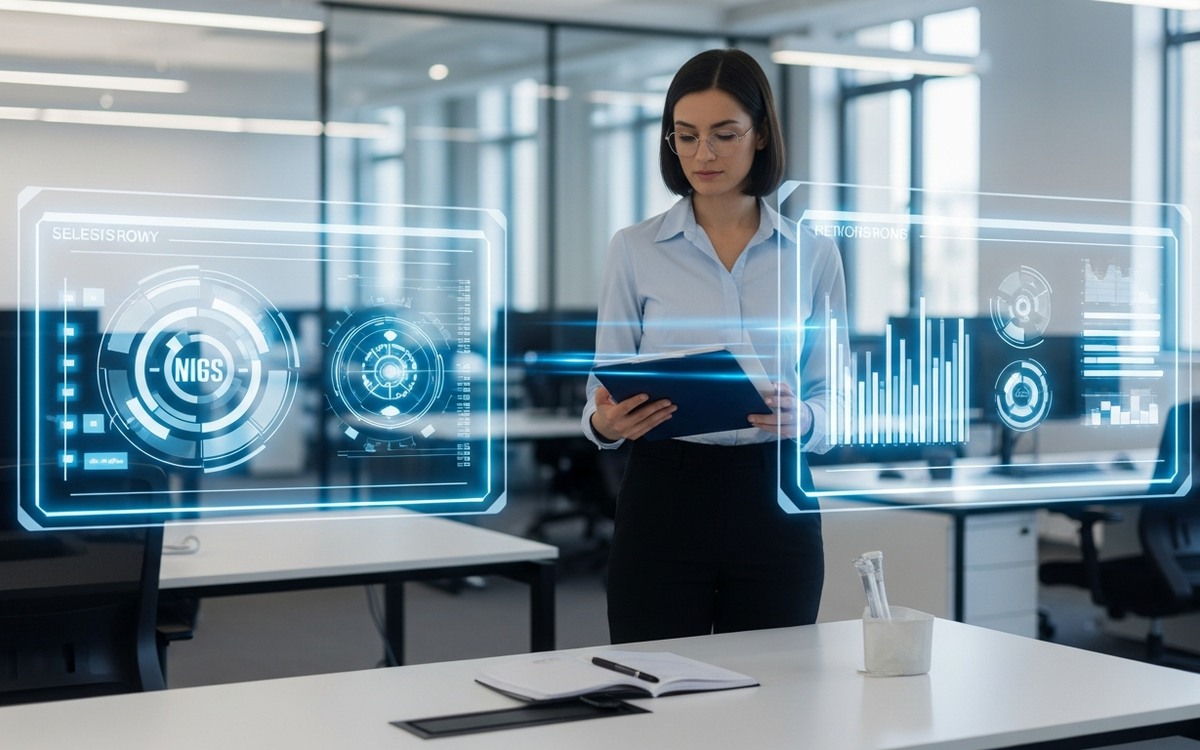 Futuristisches Büro mit Hologramm-Workflows