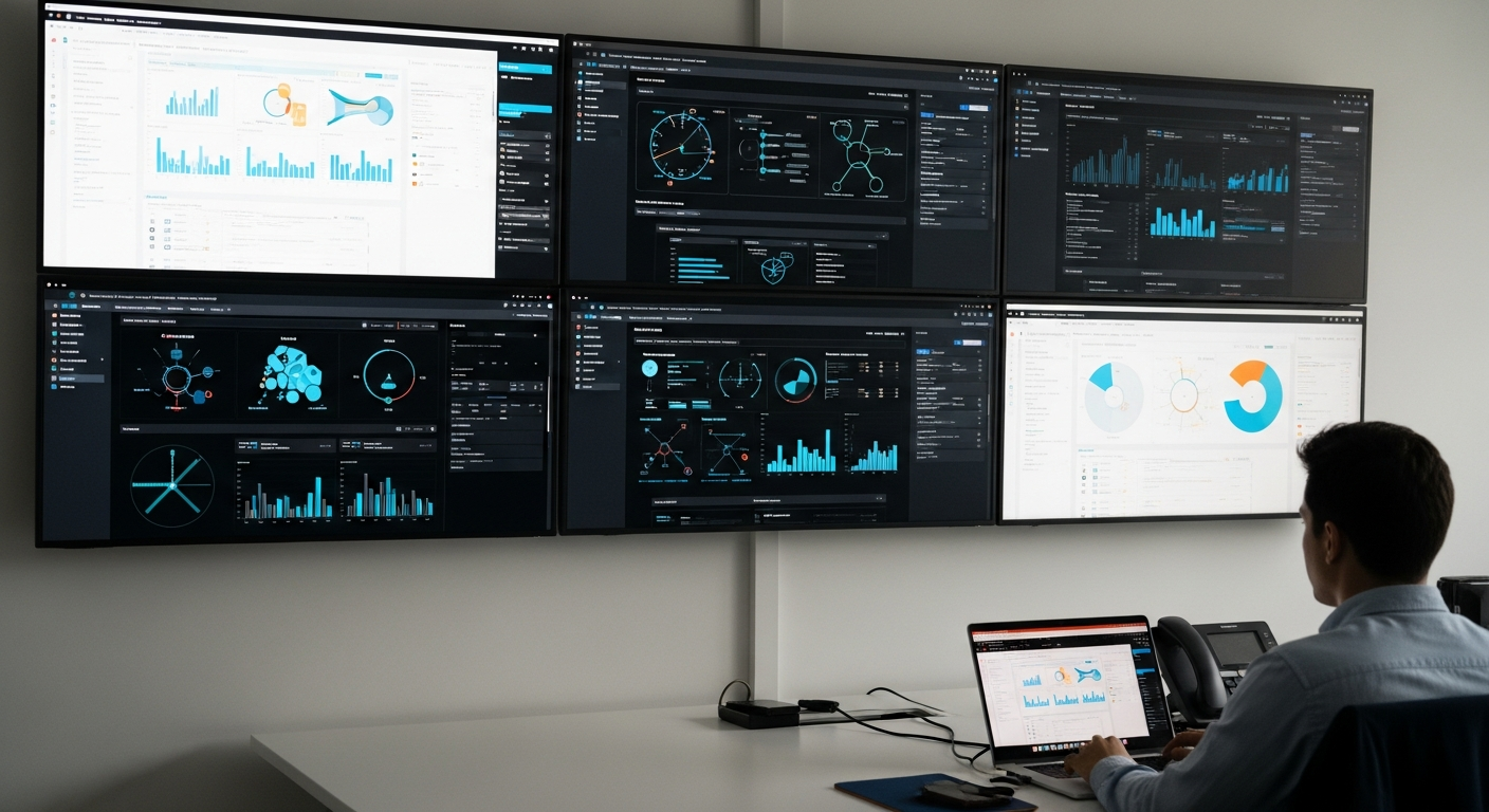 Büro mit Bildschirmen und Datenvisualisierungen zur Marketing-Automatisierung.