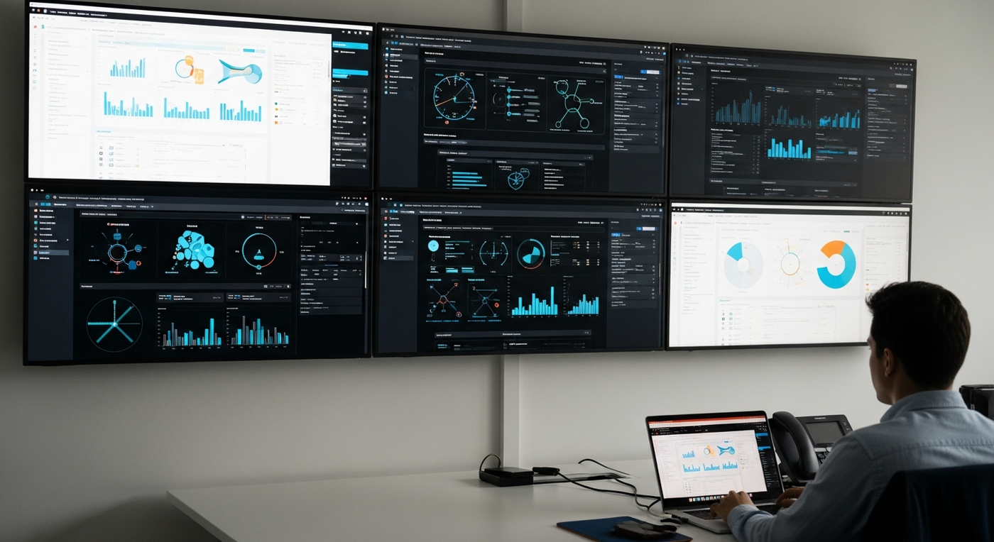 Büro mit Bildschirmen und Datenvisualisierungen zur Marketing-Automatisierung.