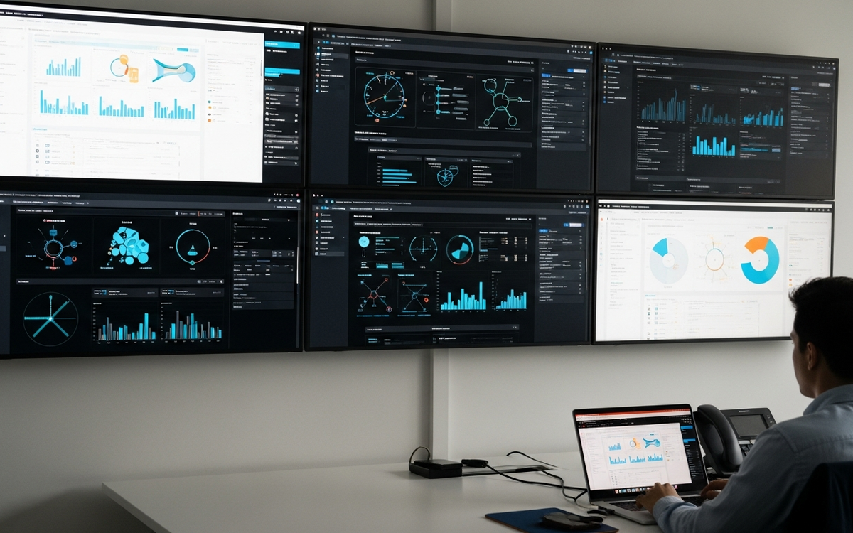 Büro mit Bildschirmen und Datenvisualisierungen zur Marketing-Automatisierung.