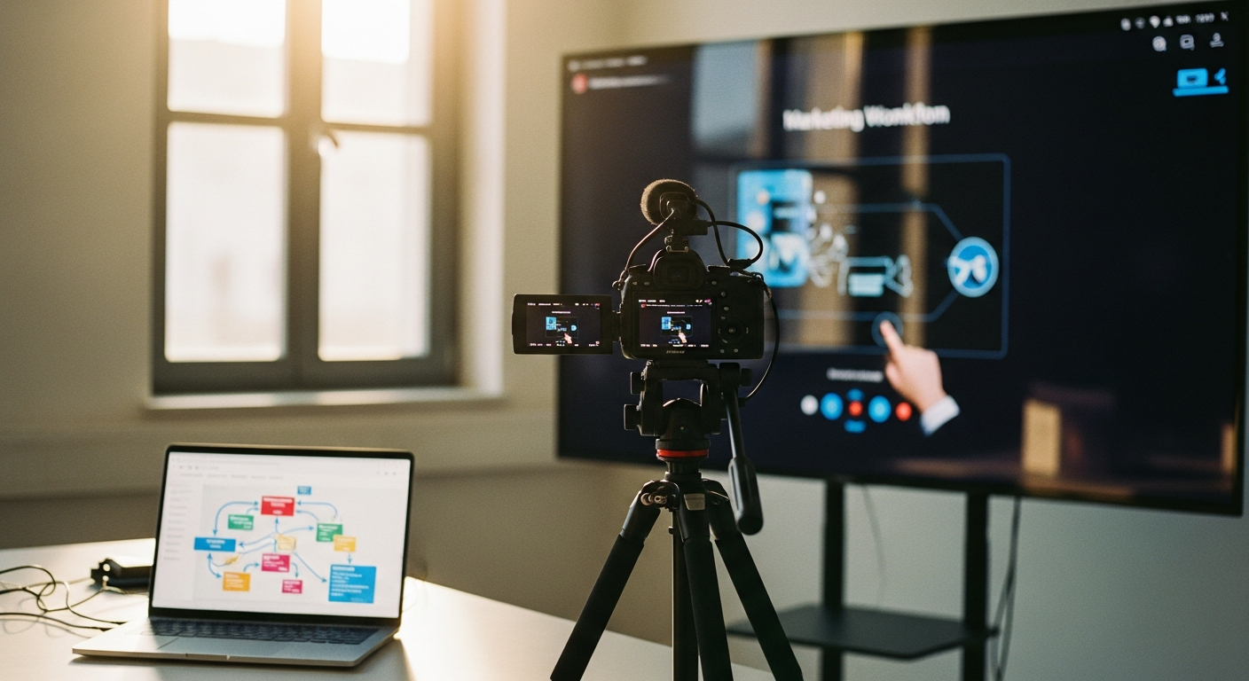 Professionelles Kamera-Setup für die Produktion von interaktiven B2B-Video-Funneln in einem modernen Büro im Sommer.