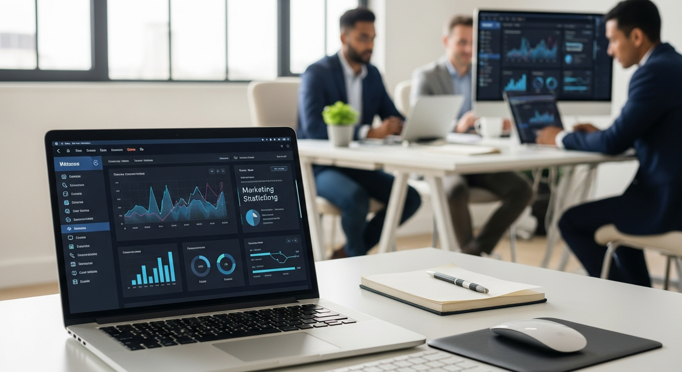 Büroarbeitsplatz mit Laptop und Video-Dashboard