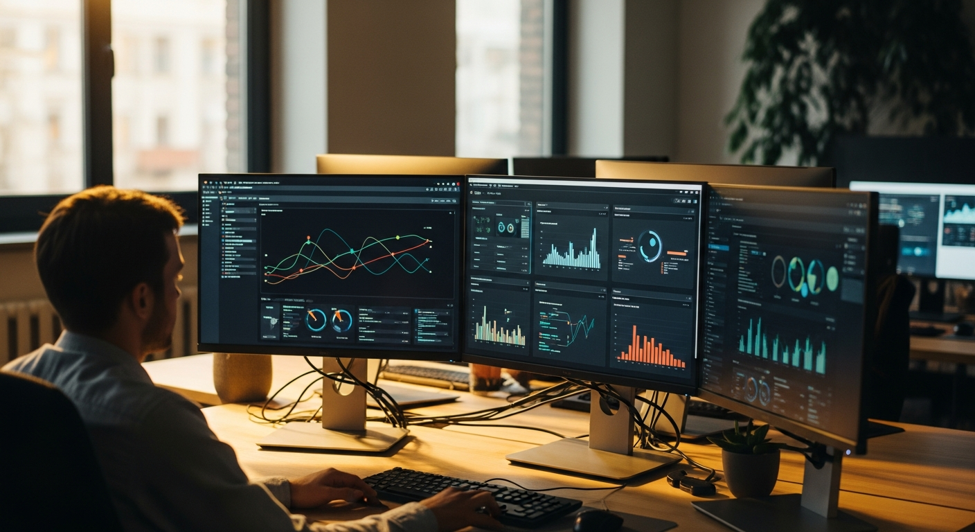 Buero mit Bildschirmen, die Automatisierungsprozesse darstellen