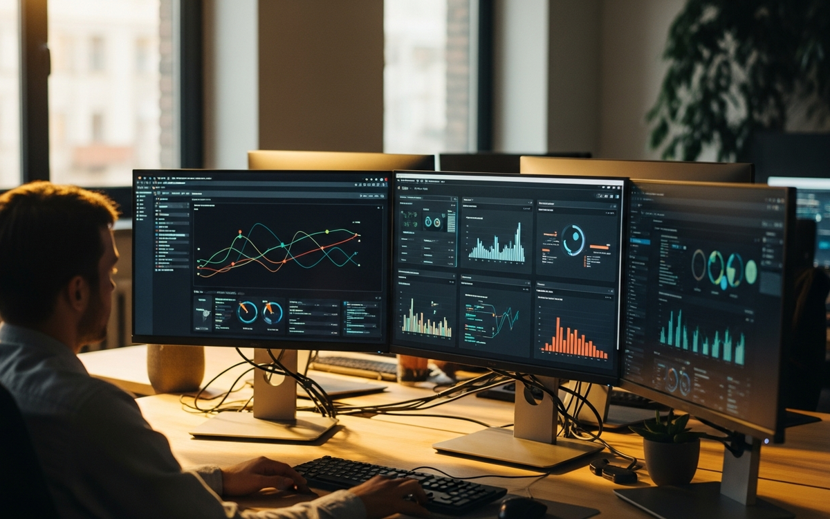 Buero mit Bildschirmen, die Automatisierungsprozesse darstellen