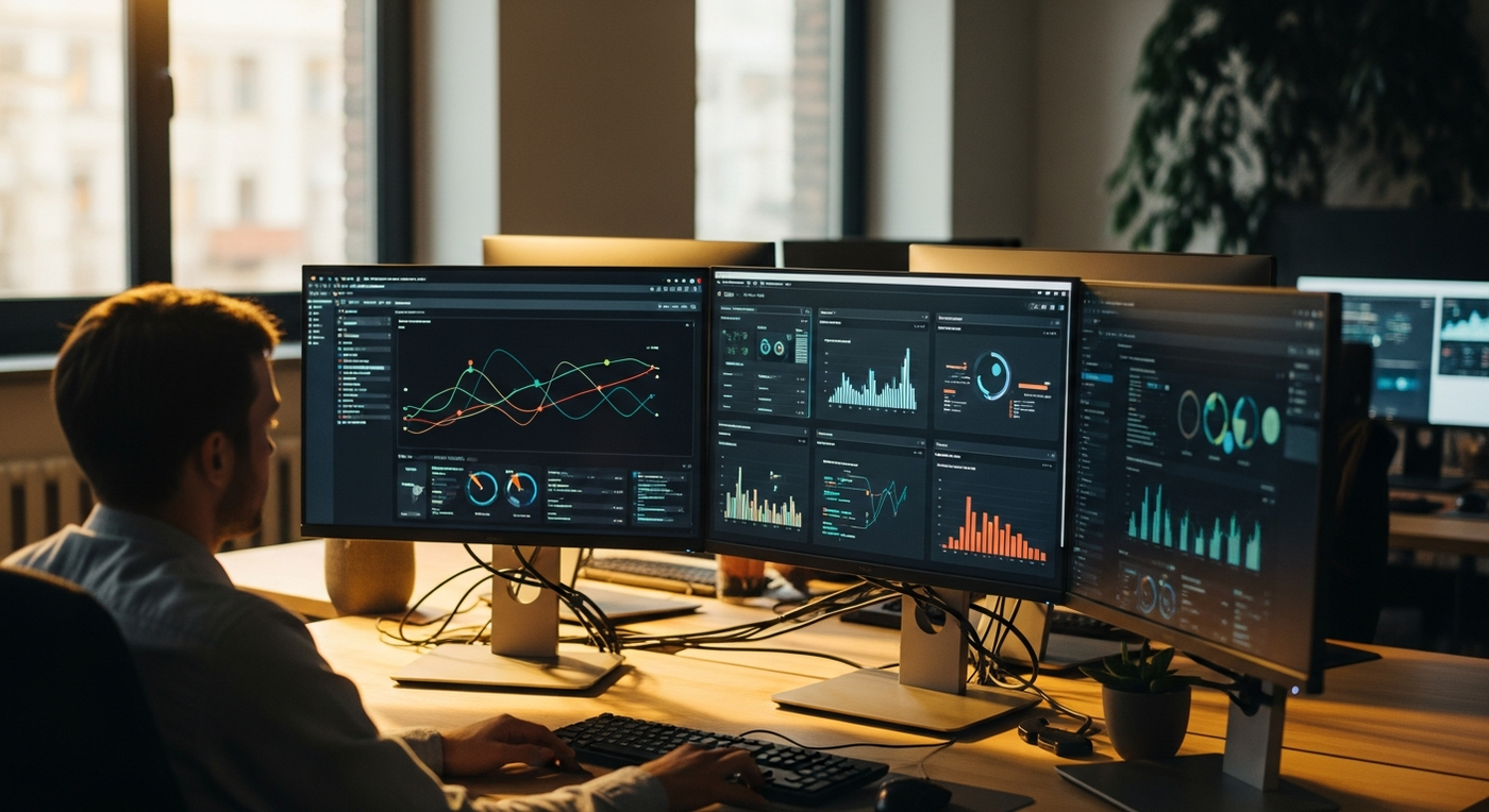 Buero mit Bildschirmen, die Automatisierungsprozesse darstellen