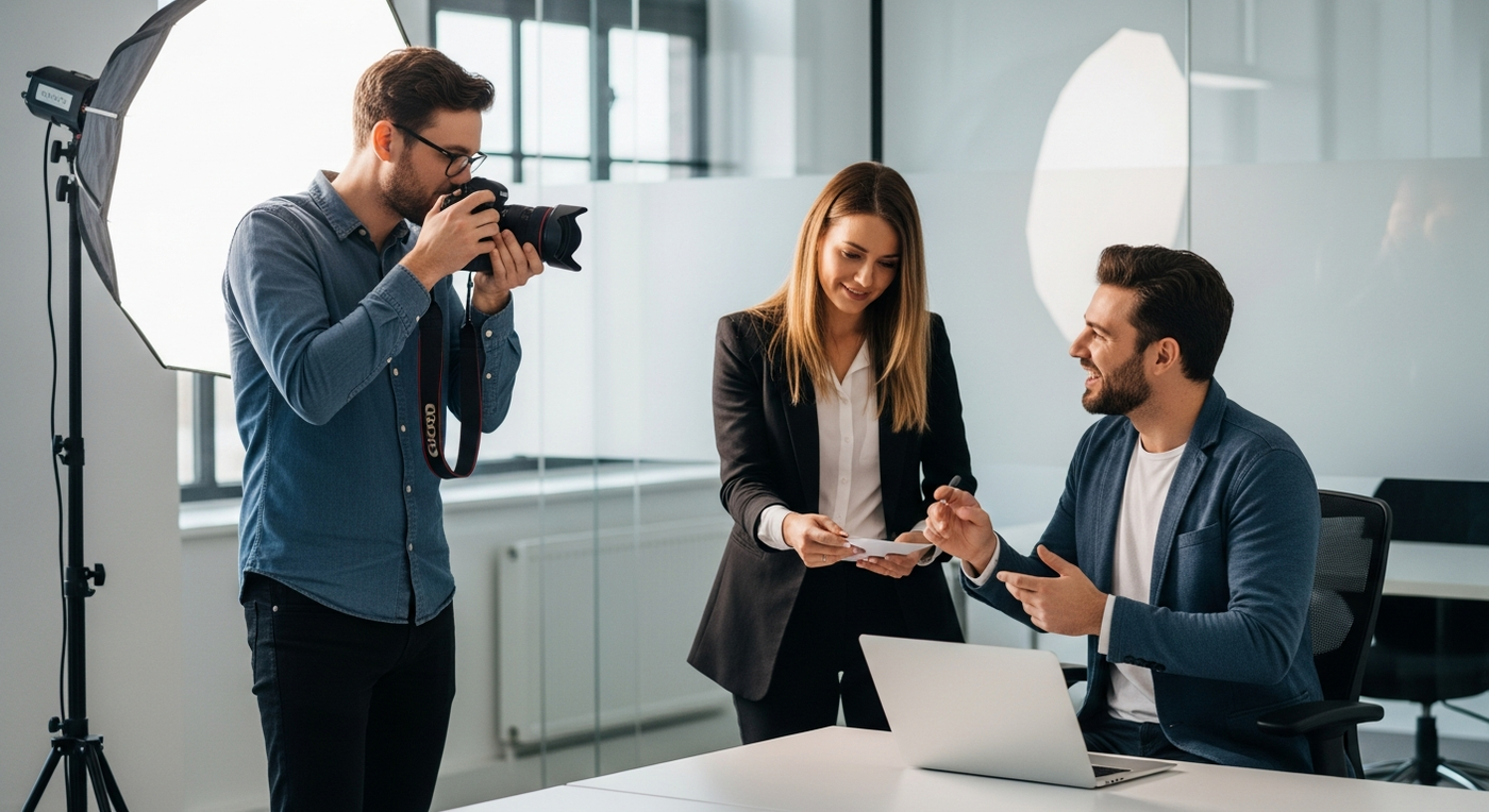 Fotograf und B2B-Kunde arbeiten an visuellen Inhalten.