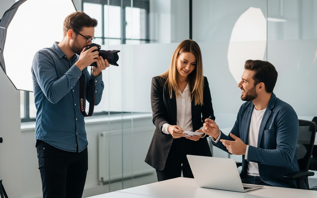 Fotograf und B2B-Kunde arbeiten an visuellen Inhalten.