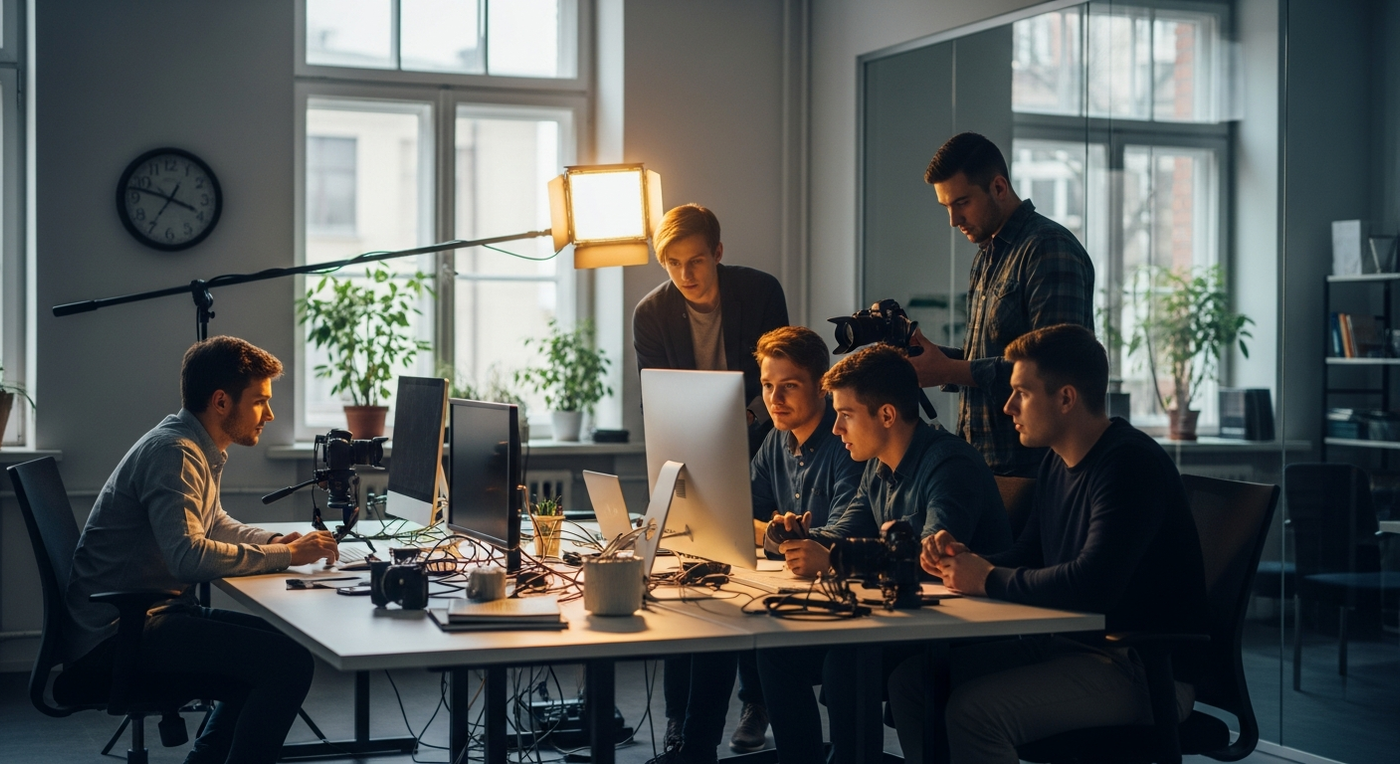 Kreatives Team arbeitet an einem Videoprojekt im Frühling.
