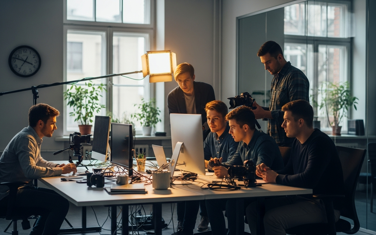 Kreatives Team arbeitet an einem Videoprojekt im Frühling.