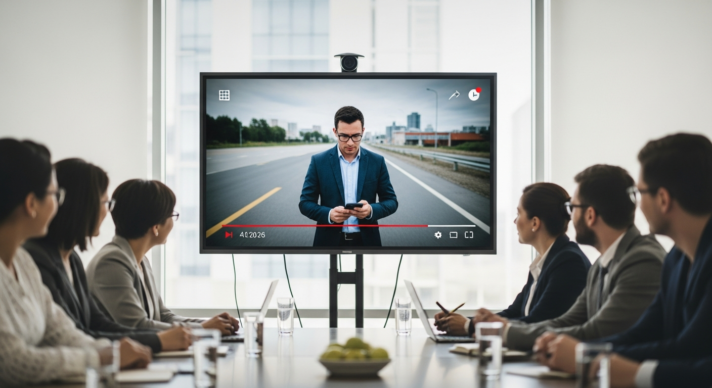 Business Meeting mit Fokus auf Video-Praesentation