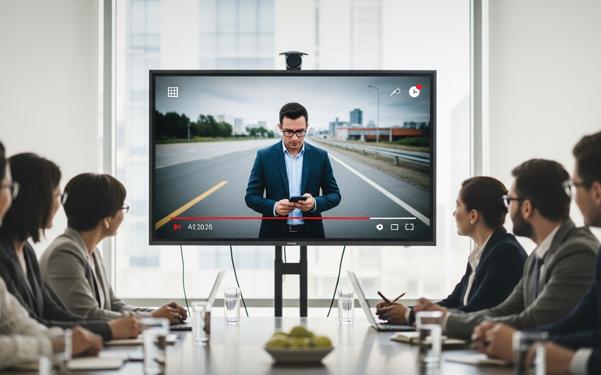 Business Meeting mit Fokus auf Video-Praesentation