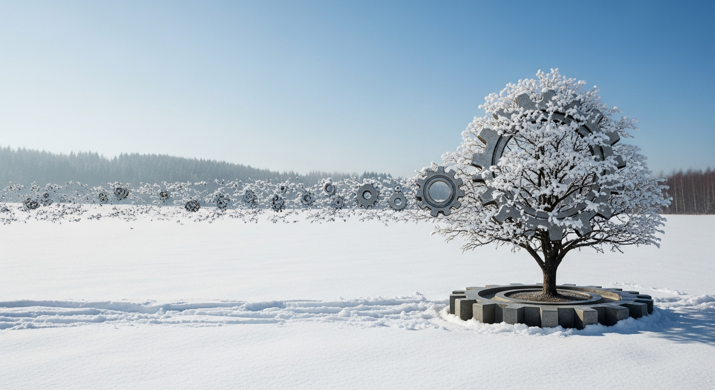 Zahnrad verwandelt sich in Baum in verschneiter Landschaft