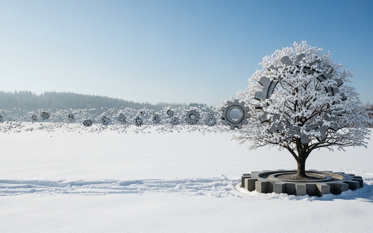 Zahnrad verwandelt sich in Baum in verschneiter Landschaft