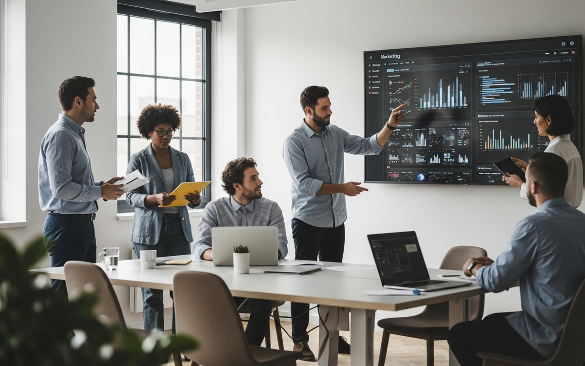 Team arbeitet an Marketing-Automatisierung mit Fokus auf Foto & Video