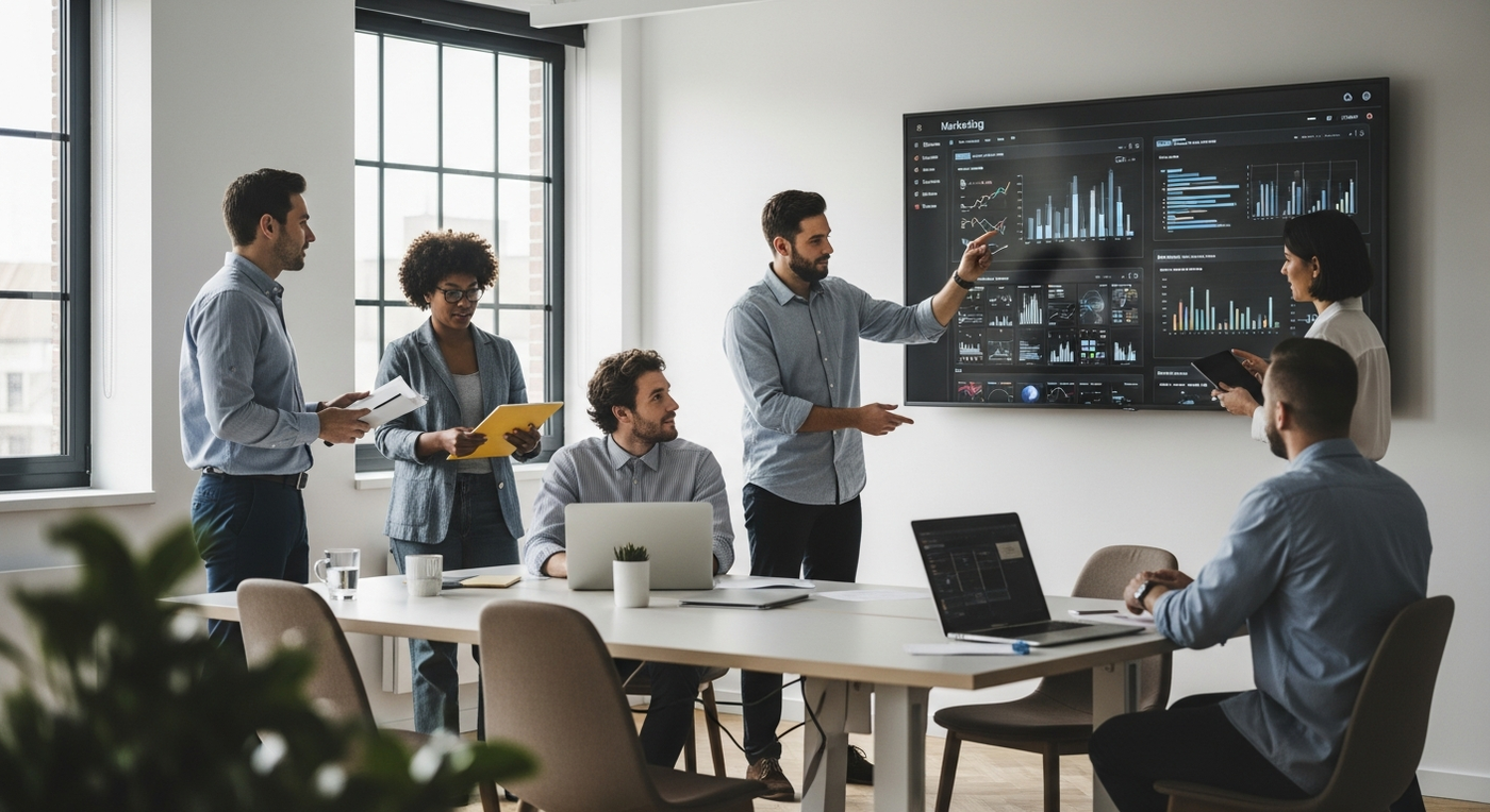 Team arbeitet an Marketing-Automatisierung mit Fokus auf Foto & Video