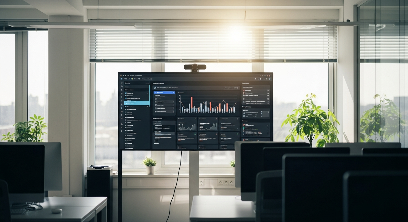 Modernes Büro mit Marketing-Automatisierungs-Dashboards im Frühlingslicht