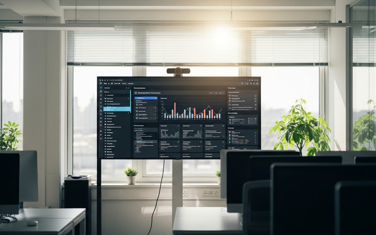 Modernes Büro mit Marketing-Automatisierungs-Dashboards im Frühlingslicht