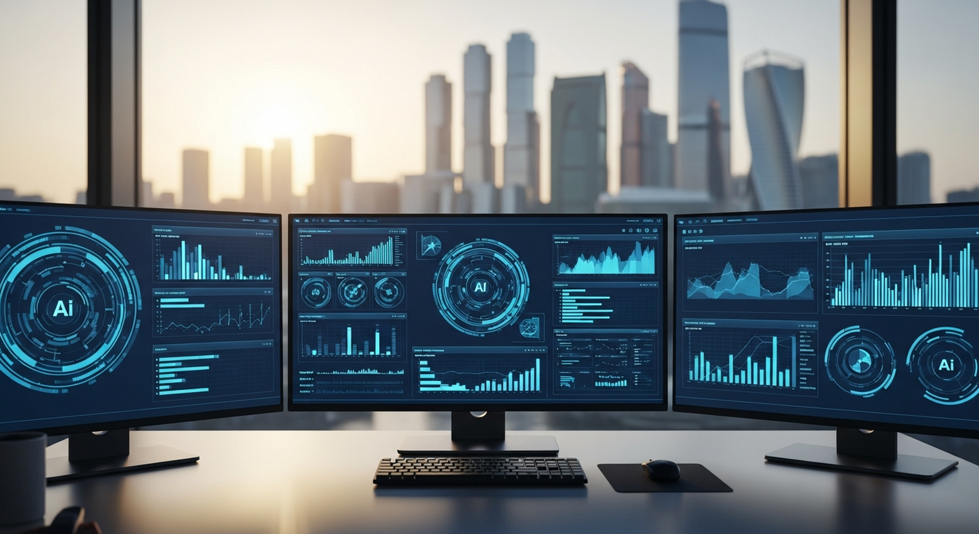 Futuristisches Büro mit KI-Datenvisualisierungen