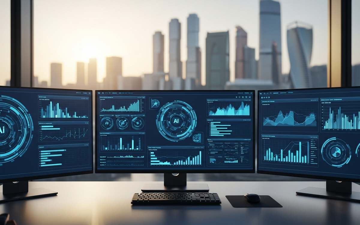 Futuristisches Büro mit KI-Datenvisualisierungen