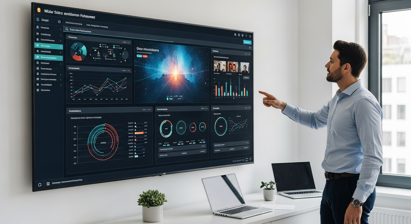 B2B-Unternehmer betrachtet Dashboard mit visuellen Marketing-Erfolgsdaten
