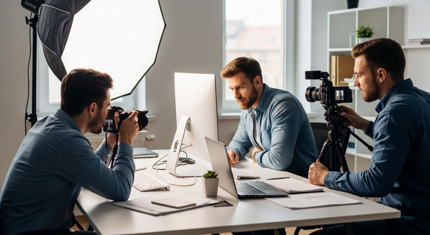 Fotograf und Videograf arbeiten gemeinsam an einer B2B-Marketingkampagne.