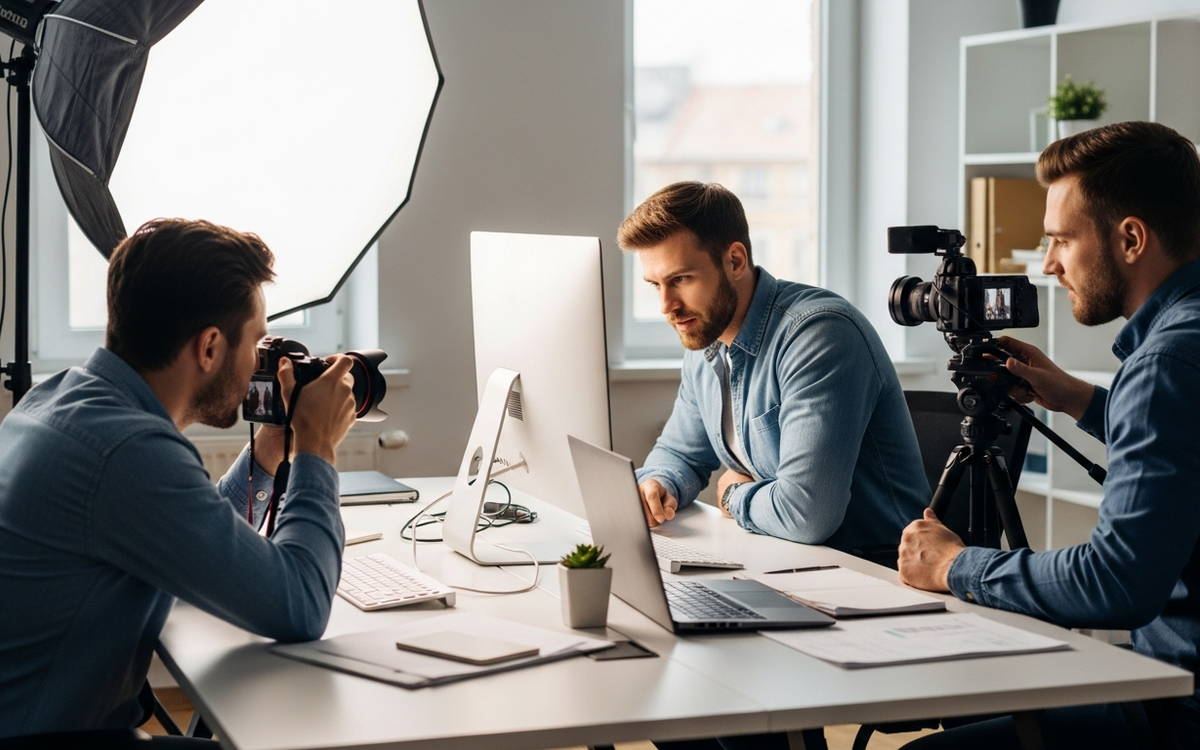 Fotograf und Videograf arbeiten gemeinsam an einer B2B-Marketingkampagne.