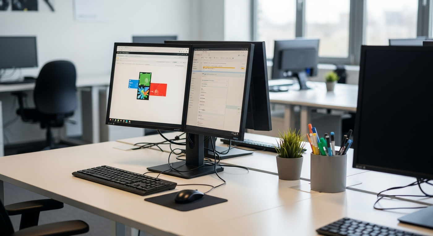 Moderne Buroszene mit Fokus auf Technologie und Automatisierung