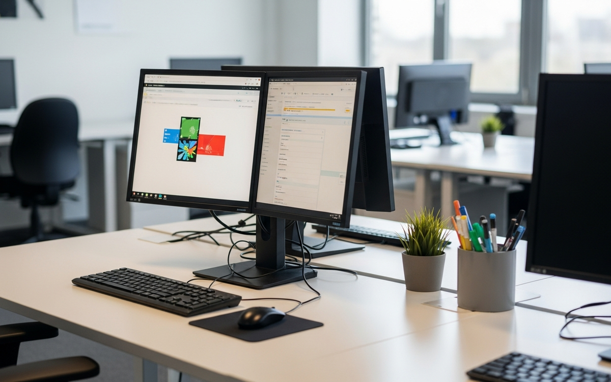 Moderne Buroszene mit Fokus auf Technologie und Automatisierung