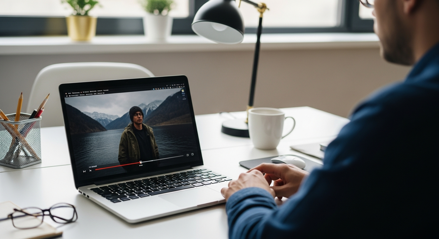 Moderner Büroarbeitsplatz mit Laptop und Frühlingsdekoration