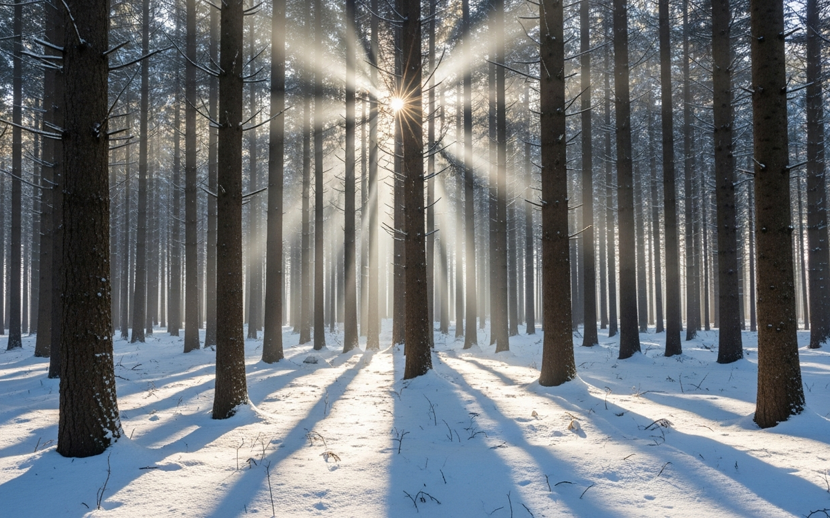 Verschneiter Wald im Winter mit Lichtstrahlen, symbolisiert Effizienz und Fortschritt