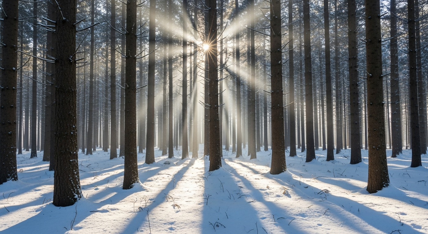 Verschneiter Wald im Winter mit Lichtstrahlen, symbolisiert Effizienz und Fortschritt