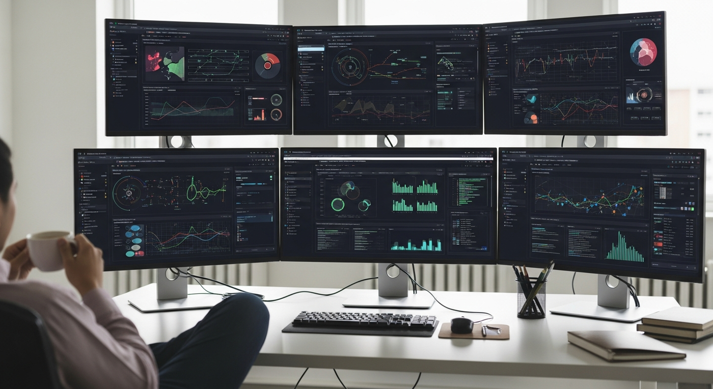 Büro mit Automatisierungs-Dashboards im Hintergrund