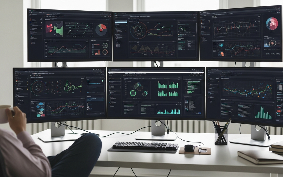 Büro mit Automatisierungs-Dashboards im Hintergrund