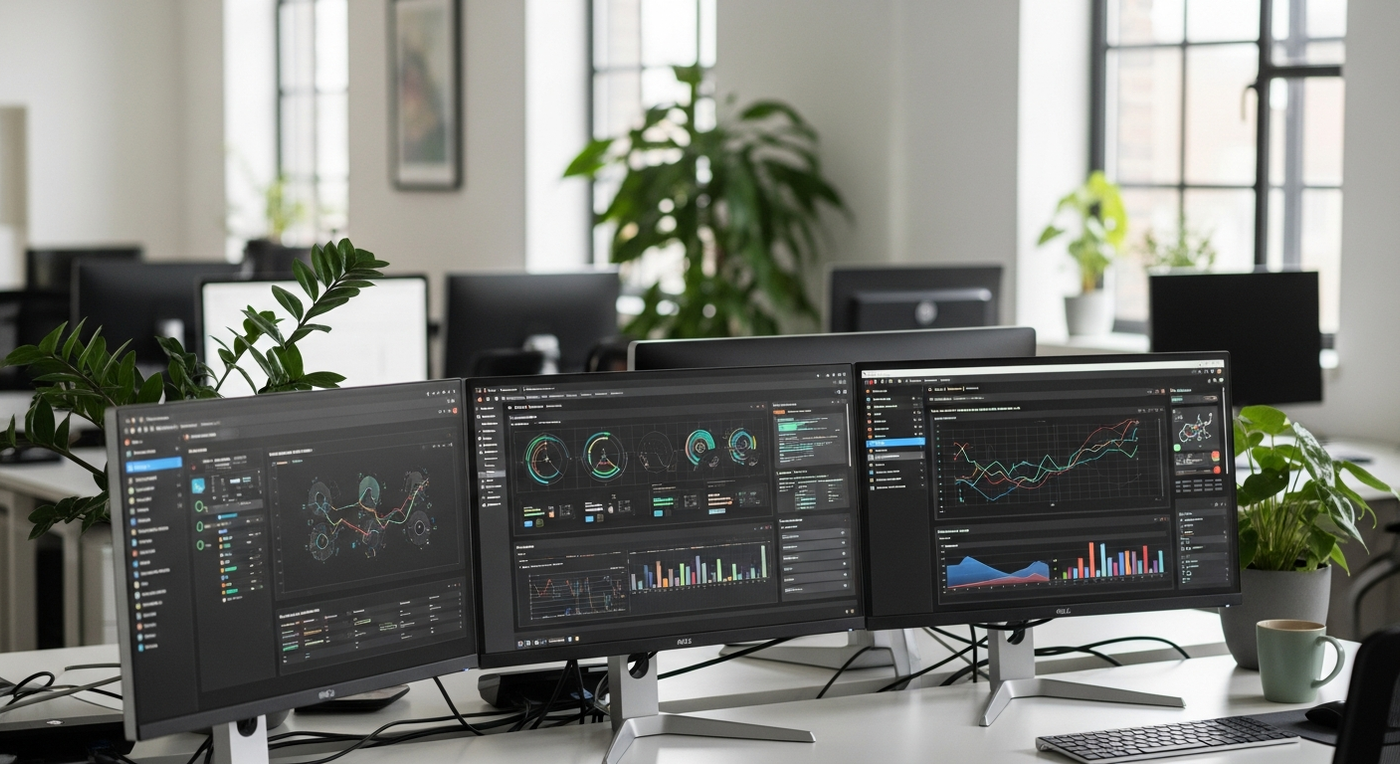 Büro mit Bildschirmen, die Automatisierungs-Dashboards zeigen