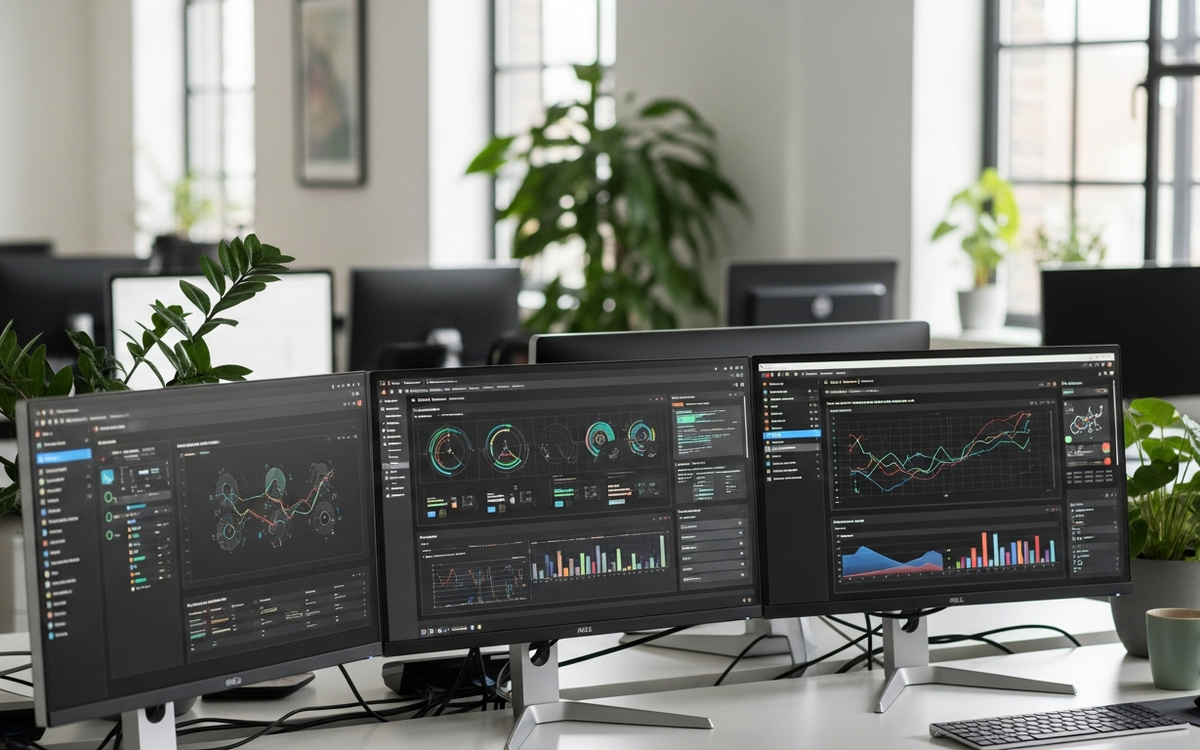 Büro mit Bildschirmen, die Automatisierungs-Dashboards zeigen