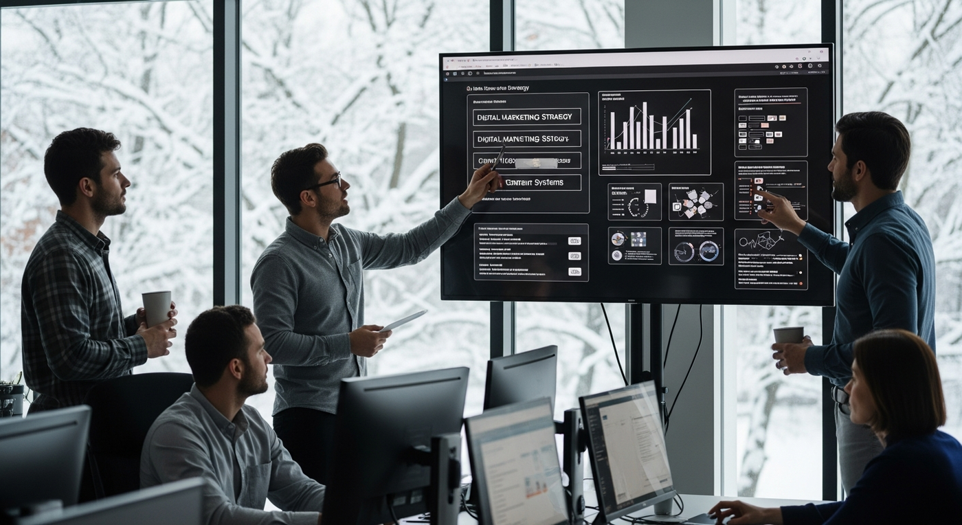 Team arbeitet an Marketing-Automatisierung im Winter