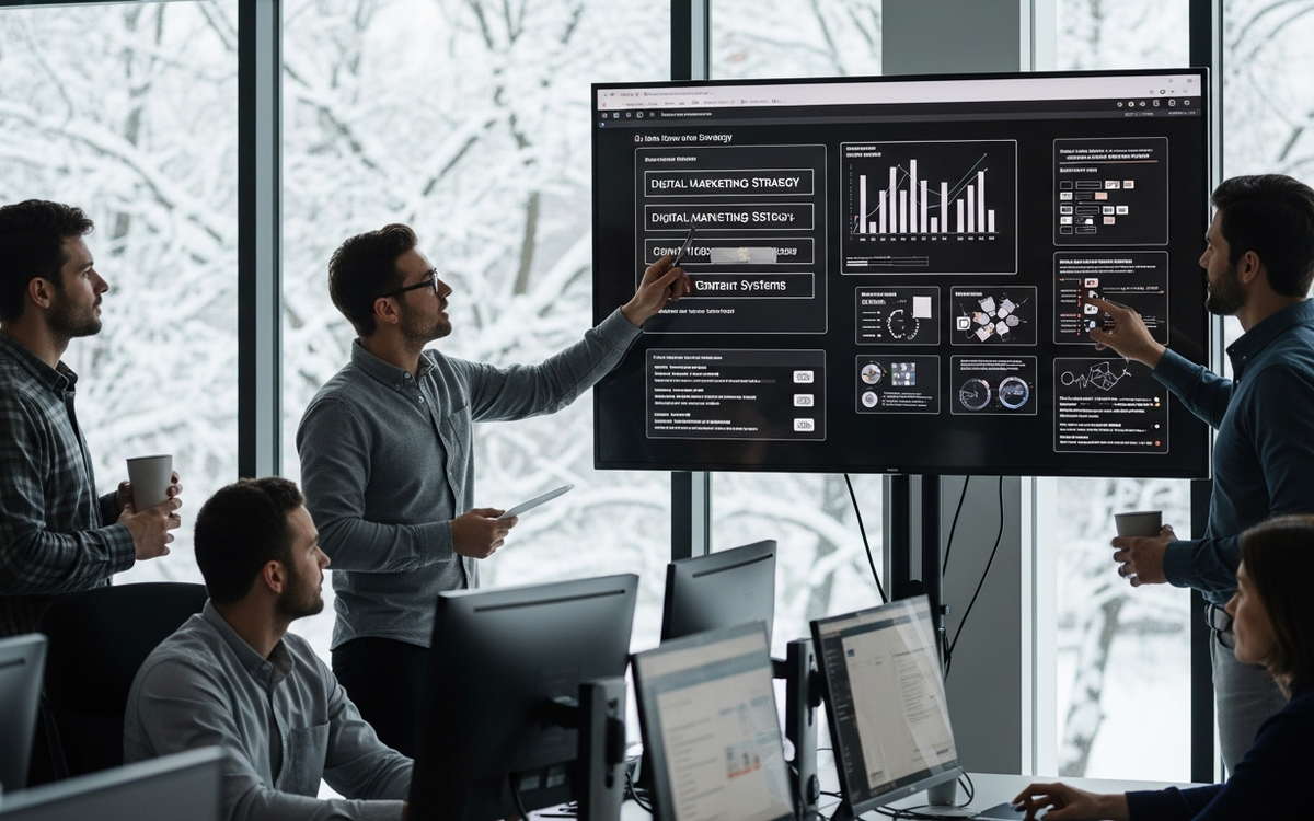 Team arbeitet an Marketing-Automatisierung im Winter